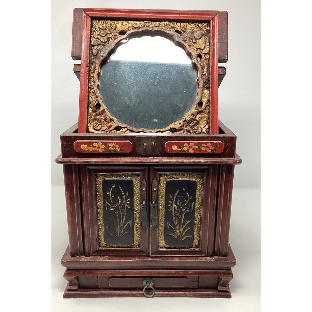 Vintage 1800s Jewelry Box Vanity Mirror Ornate Carved Wood Red Floral Decor Boho